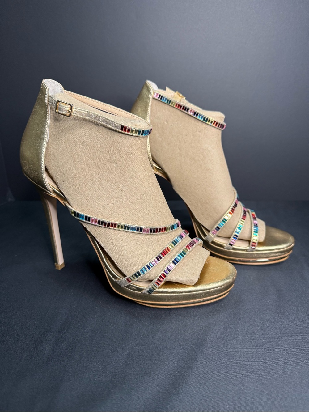 Jessica Simpson Gold Rainbow Crystal High Heel Platform New